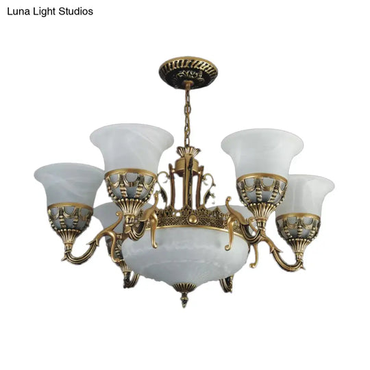 Traditional 9-Head Alabaster Glass Chandelier With Flared Shade - Bronze Finish