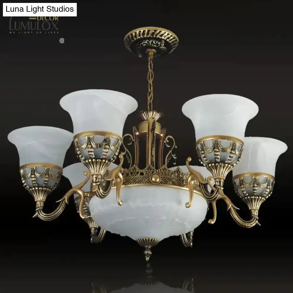 Flared Shade Alabaster Glass Chandelier Traditional 9 Heads Dining Room Suspension Light In Bronze