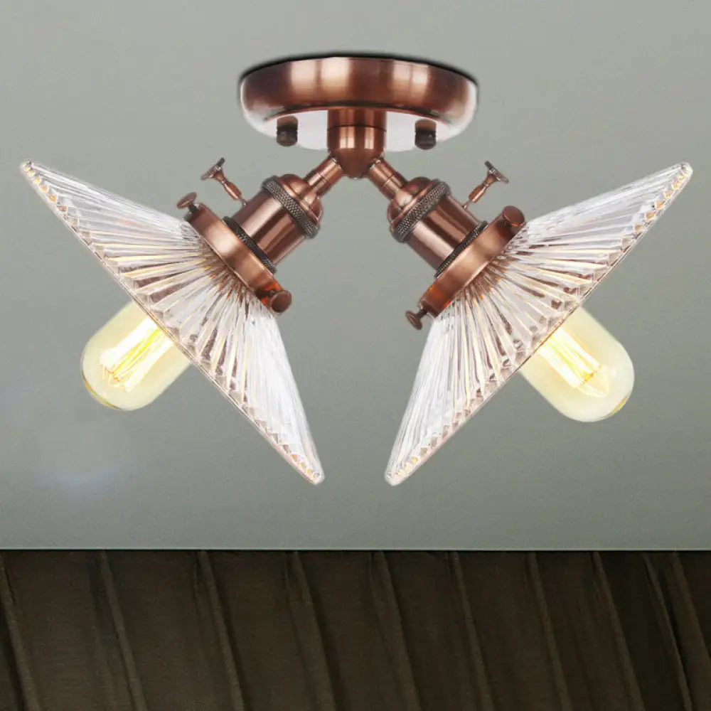 Flared Shade Ceiling Mount Light With Clear Ribbed Glass - 2 Heads Ideal For Restaurants