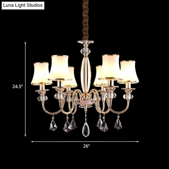 Flared Shade Chandelier - Opaline Glass Hanging Lamp Gold Finish With Crystal Drop 6 Bulbs