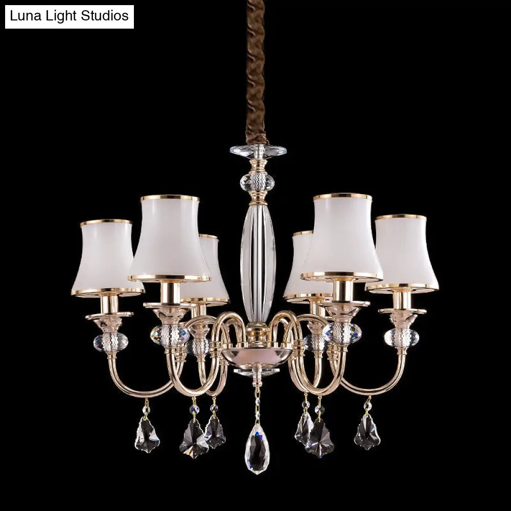 Flared Shade Chandelier - Opaline Glass Hanging Lamp Gold Finish With Crystal Drop 6 Bulbs