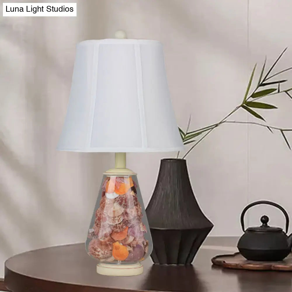 Flared Shade Night Light: White Countryside Fabric Bedside Table Lamp (12/16 Wide) With Decorative