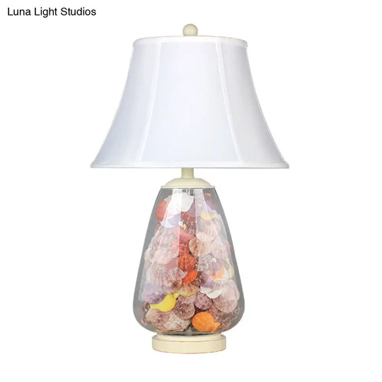 Flared Shade Night Light: White Countryside Fabric Bedside Table Lamp (12/16 Wide) With Decorative