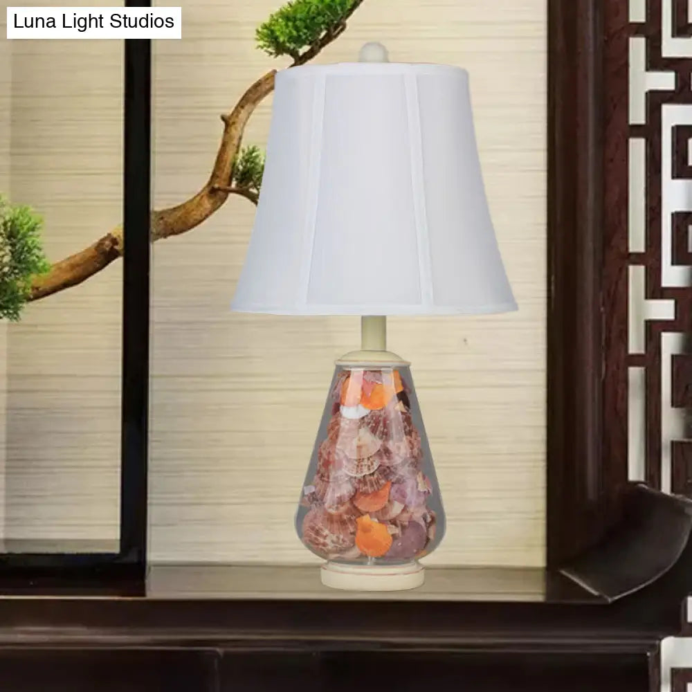 Flared Shade Night Light: White Countryside Fabric Bedside Table Lamp (12/16 Wide) With Decorative