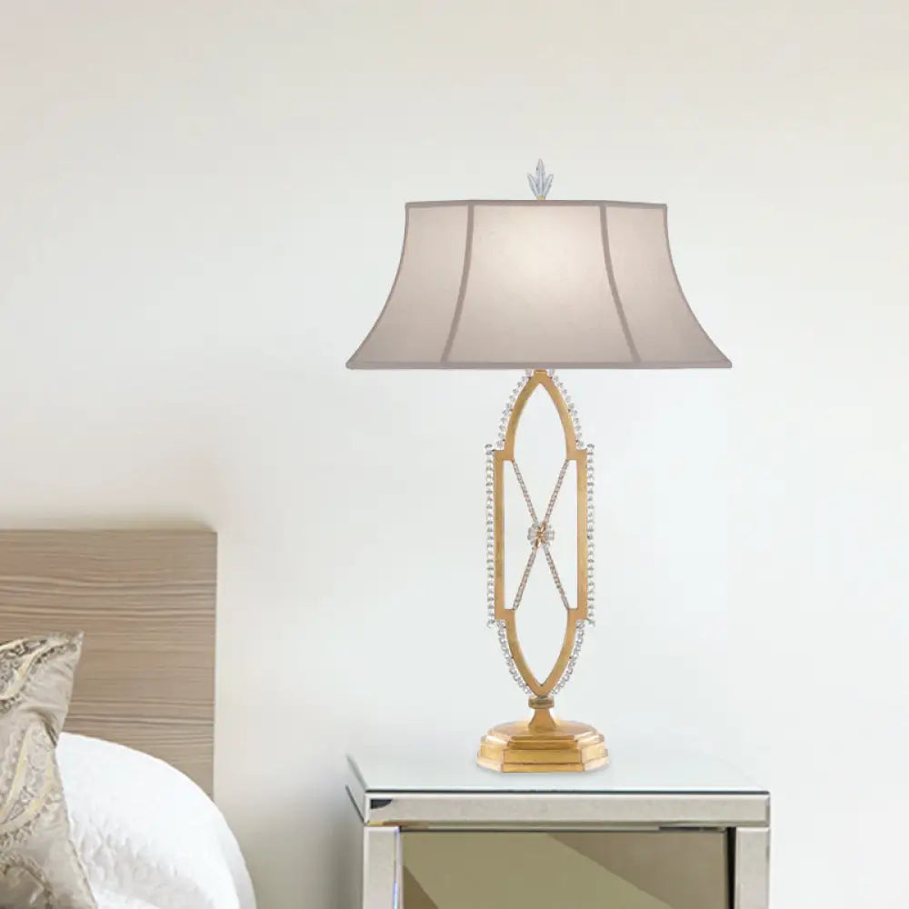 Flared Table Light - Traditional Gold/Silver Fabric Shade Nightstand Lamp With Crystal X-Shape Base