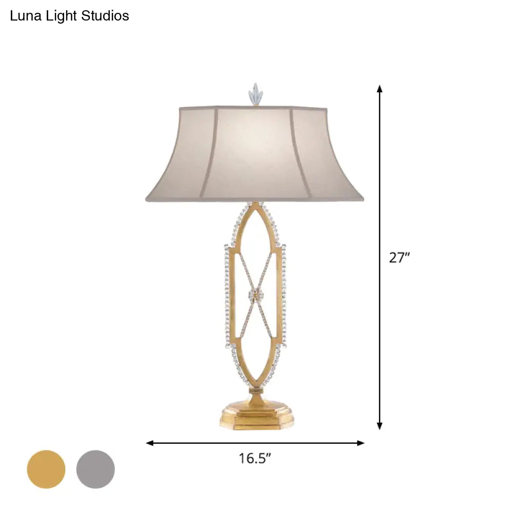 Flared Table Light - Traditional Gold/Silver Fabric Shade Nightstand Lamp With Crystal X-Shape Base