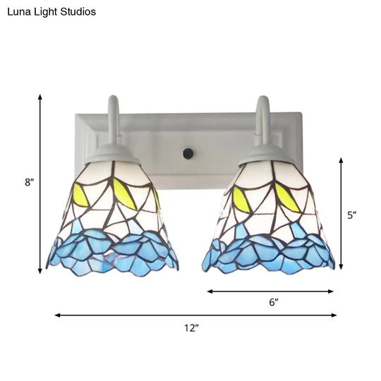 Flared Tiffany Blue Stained Glass Sconce Light With 2 Heads: Perfect For Bedroom