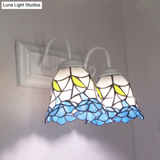 Flared Tiffany Blue Stained Glass Sconce Light With 2 Heads: Perfect For Bedroom