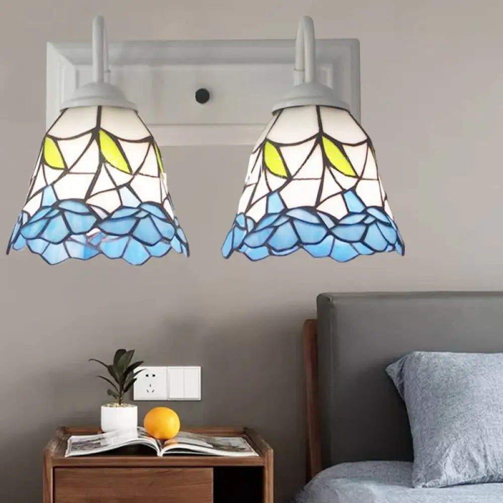 Flared Tiffany Blue Stained Glass Sconce Light With 2 Heads: Perfect For Bedroom