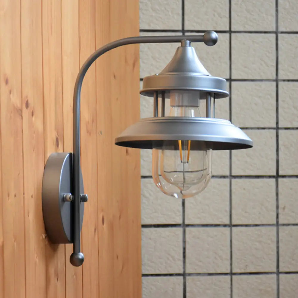 Flared Wall Mount Light - Industrial Black/Silver Metal Lighting With Clear Glass Shade For Corridor