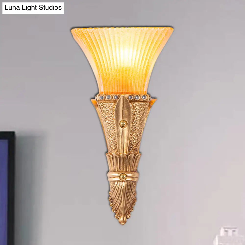 Flared Wall Mount Light: Traditional 1-Light Orange Glass & Resin Sconce In Gold For Corridor