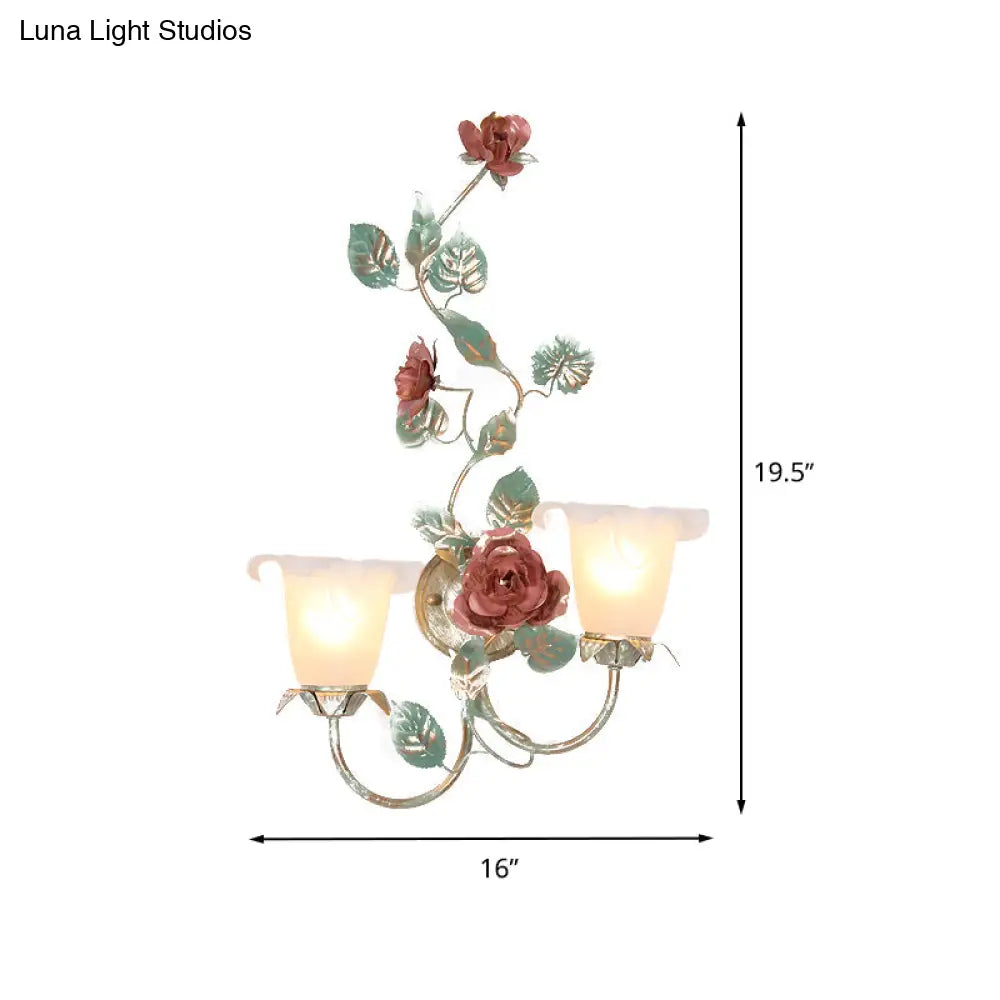 Flared Wall Sconce With Opal White Glass Countryside Design - 1/2 Heads Green Flower Light Fixture