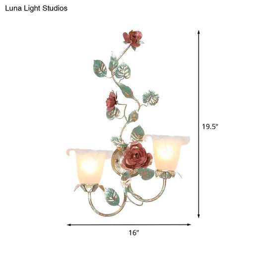 Flared Wall Sconce With Opal White Glass Countryside Design - 1/2 Heads Green Flower Light Fixture