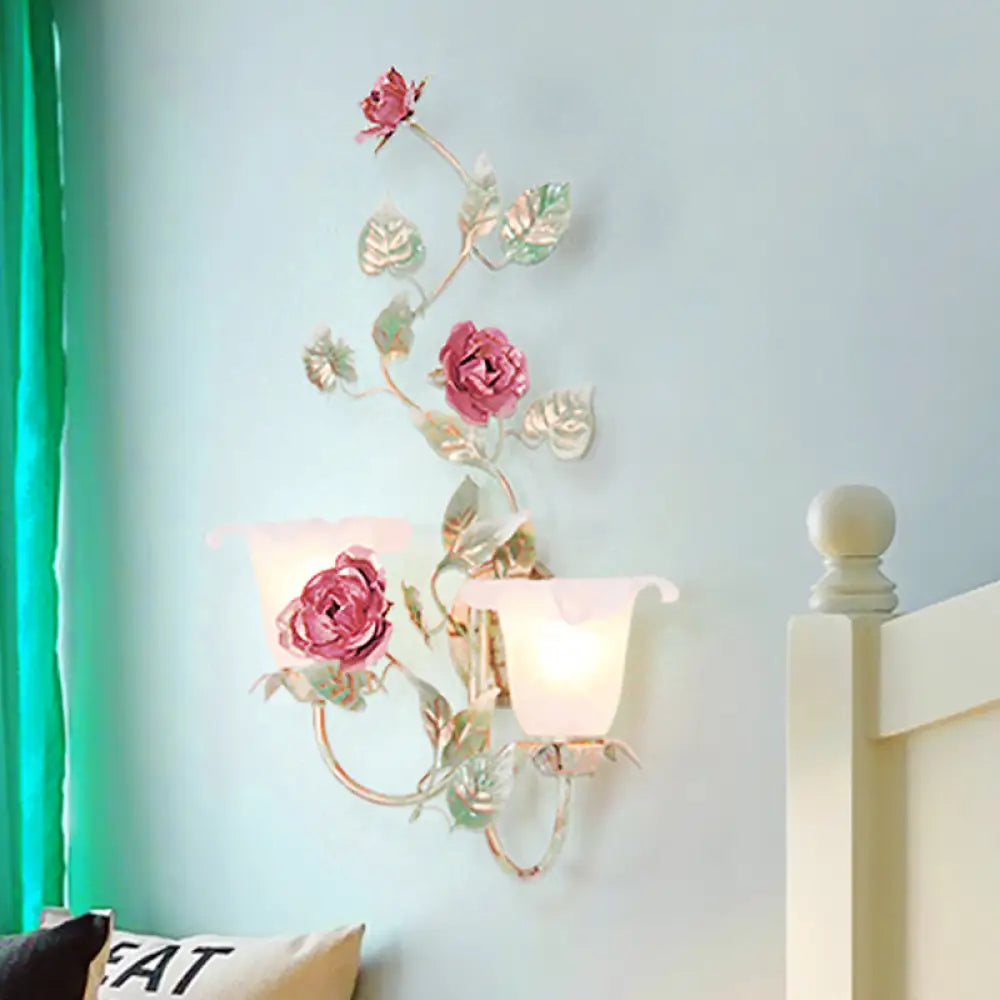 Flared Wall Sconce With Opal White Glass Countryside Design - 1/2 Heads Green Flower Light Fixture 2