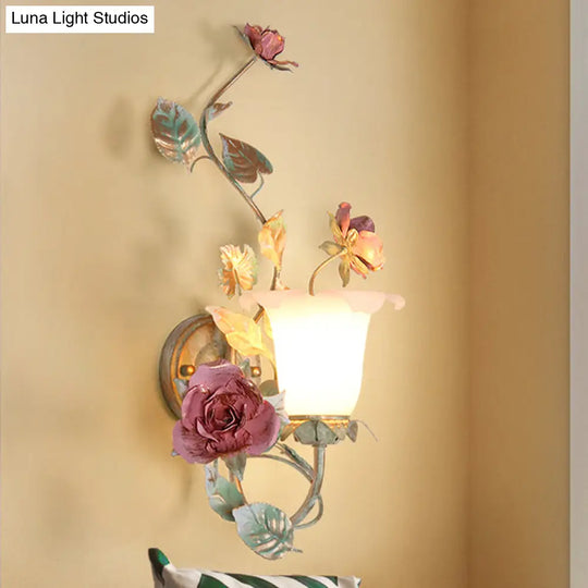 Flared Wall Sconce With Opal White Glass Countryside Design - 1/2 Heads Green Flower Light Fixture