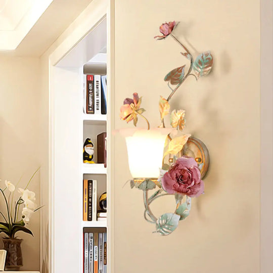 Flared Wall Sconce With Opal White Glass Countryside Design - 1/2 Heads Green Flower Light Fixture 1