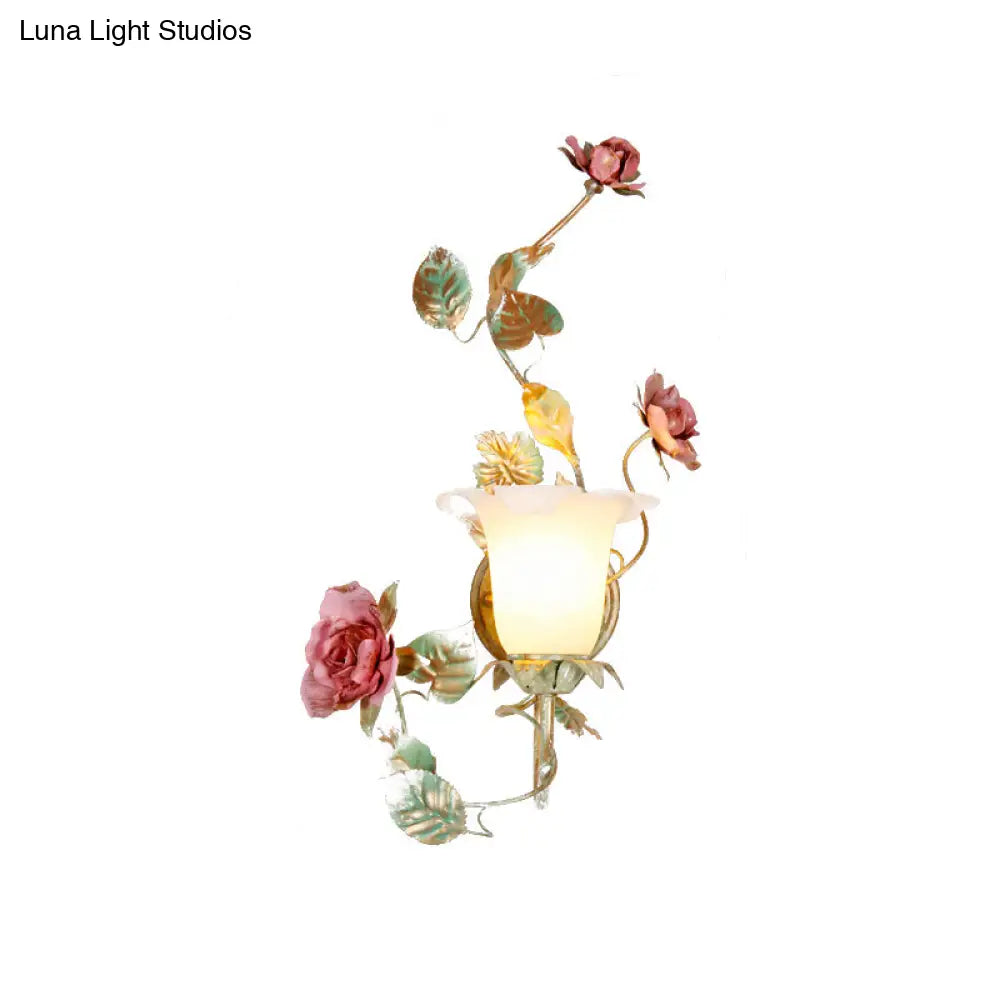 Flared Wall Sconce With Opal White Glass Countryside Design - 1/2 Heads Green Flower Light Fixture