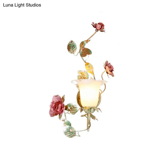 Flared Wall Sconce With Opal White Glass Countryside Design - 1/2 Heads Green Flower Light Fixture