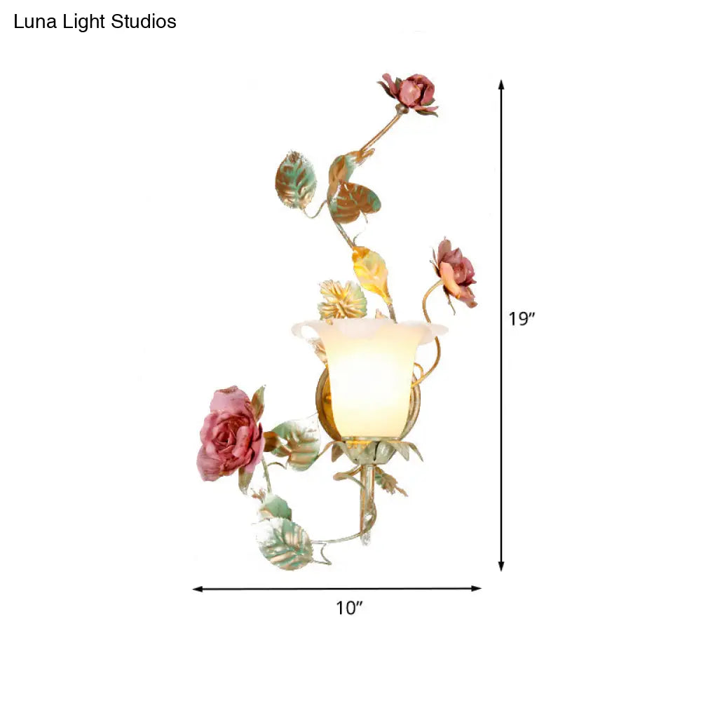 Flared Wall Sconce With Opal White Glass Countryside Design - 1/2 Heads Green Flower Light Fixture