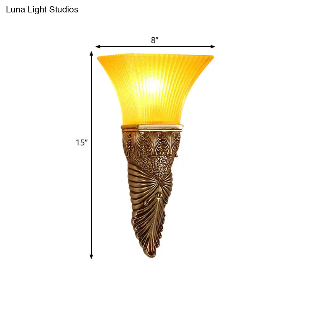 Flared Yellow Glass Wall Sconce - Retro Style For Living Room 1 Head Mounted Lamp