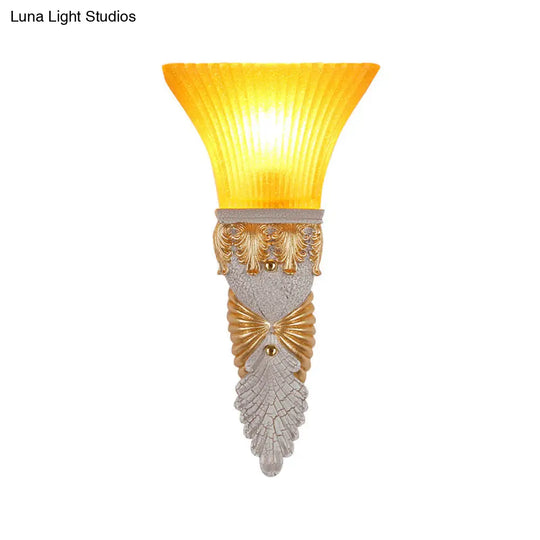 Flared Yellow Glass Wall Sconce - Retro Style For Living Room 1 Head Mounted Lamp