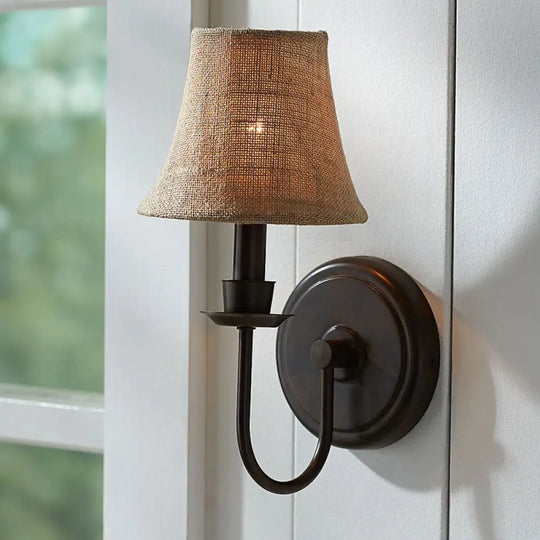 Flaxen 1-Bulb Wall Sconce - Traditional Fabric Bell Lamp With Arched Arm And Round Backplate