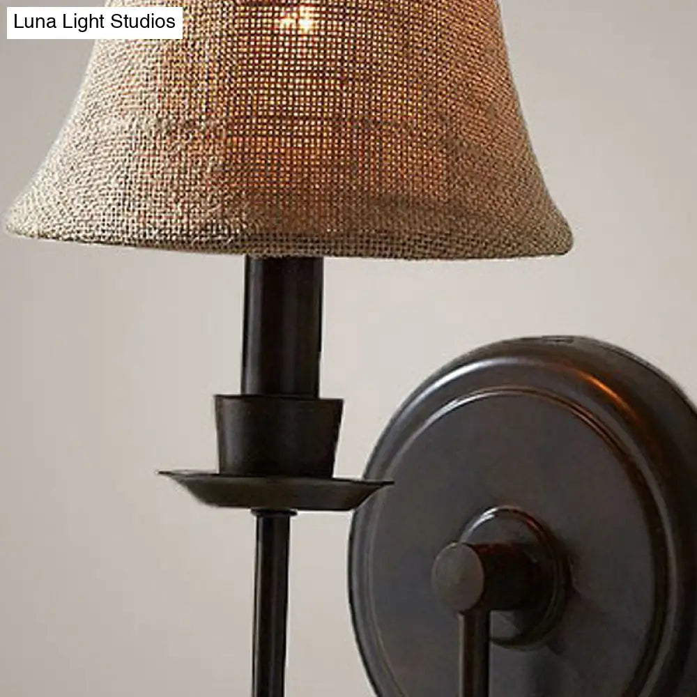 Flaxen 1-Bulb Wall Sconce - Traditional Fabric Bell Lamp With Arched Arm And Round Backplate