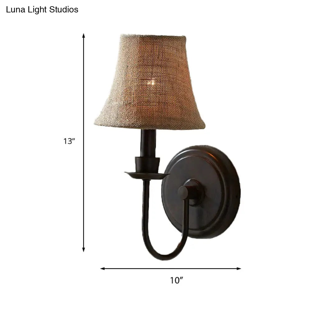 Flaxen 1-Bulb Wall Sconce - Traditional Fabric Bell Lamp With Arched Arm And Round Backplate