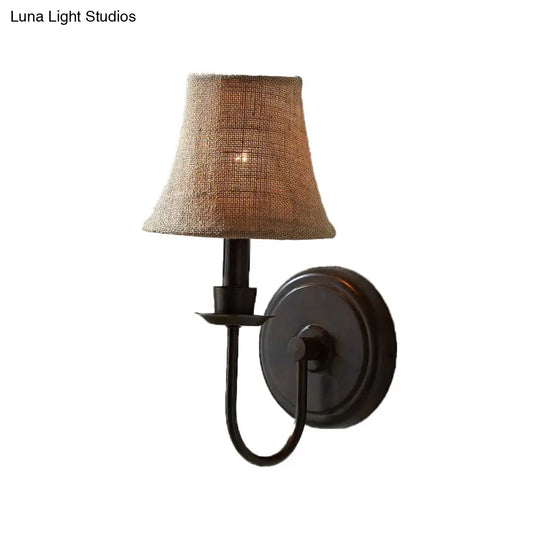 Flaxen 1-Bulb Wall Sconce - Traditional Fabric Bell Lamp With Arched Arm And Round Backplate