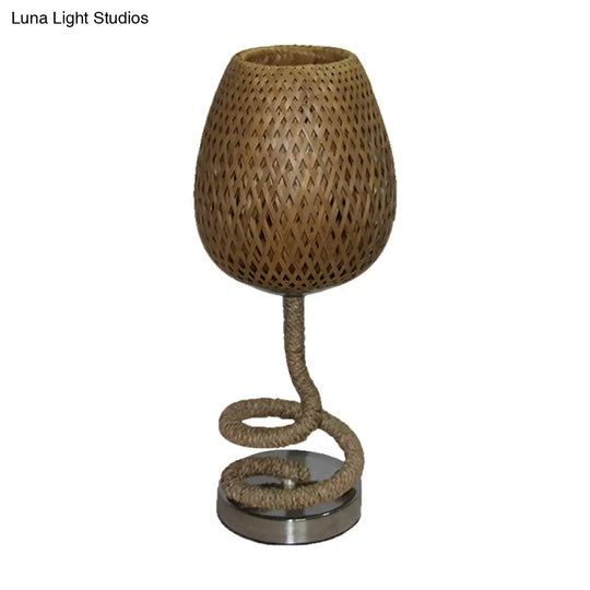 Flaxen Bamboo Rattan Night Lamp - Bud Shape Design 1-Bulb Table Light With Rope Accent