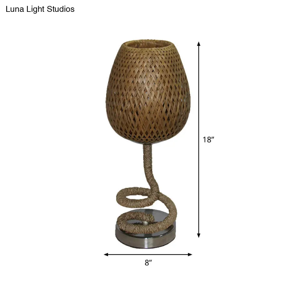 Flaxen Bamboo Rattan Night Lamp - Bud Shape Design 1-Bulb Table Light With Rope Accent