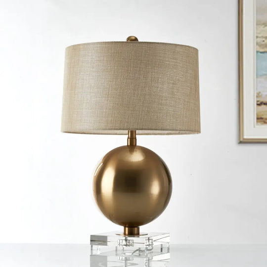 Flaxen Barrel Night Table Lamp With Crystal Pedestal - Modern Fabric Nightstand Light