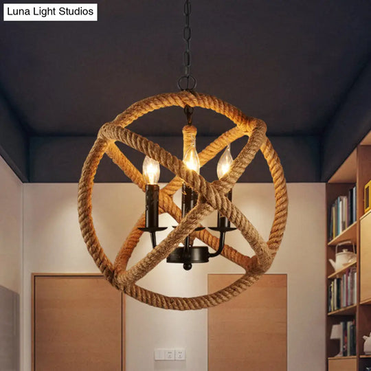 Retro Style Hemp Rope Pendant Light With 3 Bulbs - Flaxen Suspension Lighting Sphere Metallic Candle