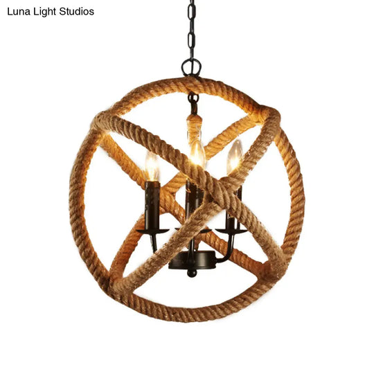 Retro Style Hemp Rope Pendant Light With 3 Bulbs - Flaxen Suspension Lighting Sphere Metallic Candle