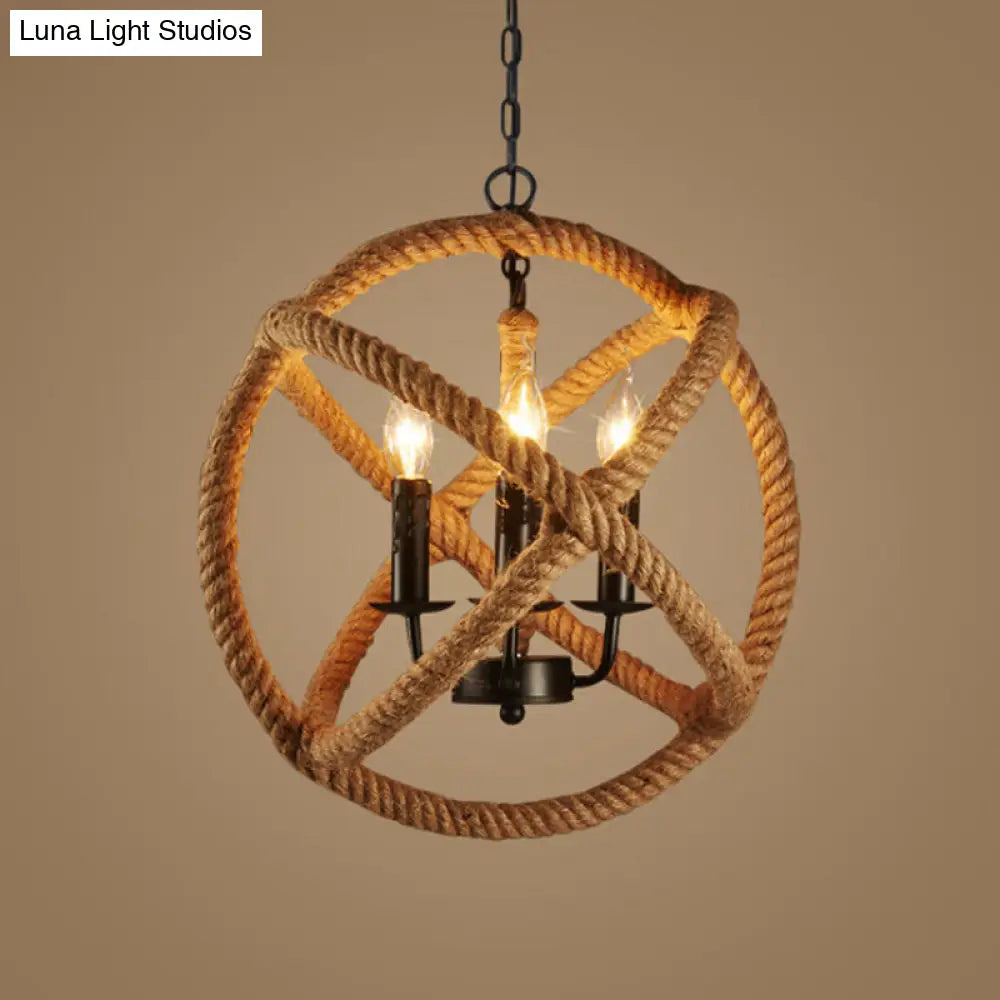Retro Style Hemp Rope Pendant Light With 3 Bulbs - Flaxen Suspension Lighting Sphere Metallic Candle