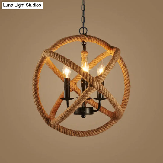 Retro Style Hemp Rope Pendant Light With 3 Bulbs - Flaxen Suspension Lighting Sphere Metallic Candle