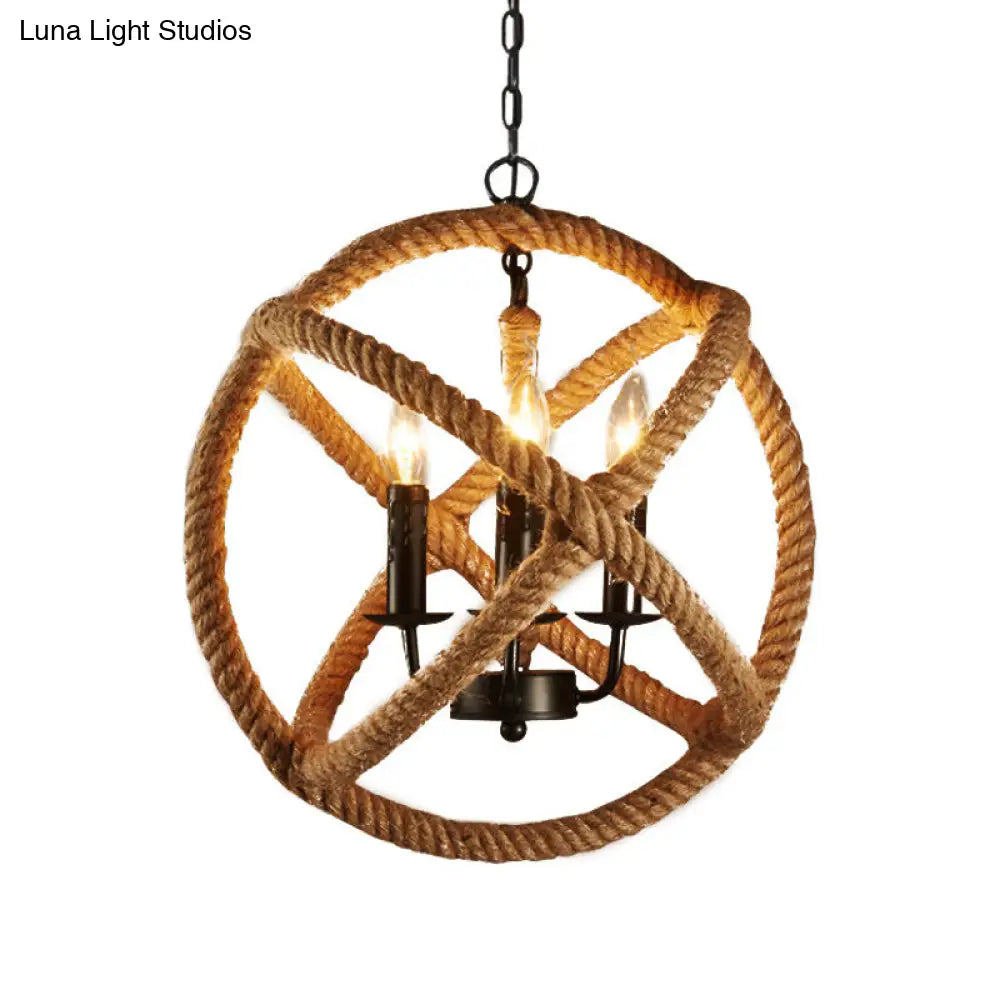 Flaxen Hemp Rope Pendant Ceiling Light With Metallic Candle – Retro Style 3-Bulb Suspension