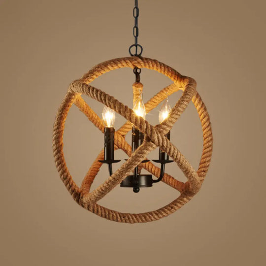 Flaxen Hemp Rope Pendant Ceiling Light With Metallic Candle – Retro Style 3-Bulb Suspension