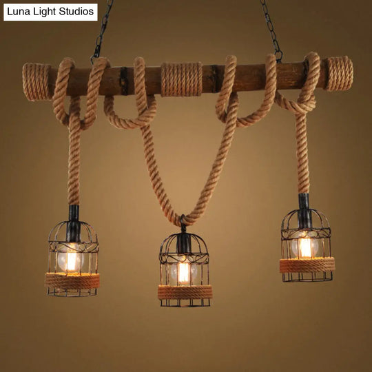 Flaxen Retro Birdcage Island Ceiling Light With Hemp Rope - 3 Bulbs Suspension Lighting