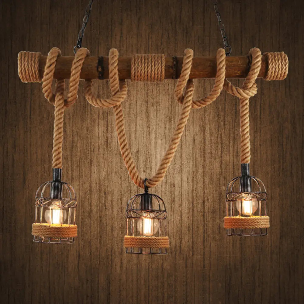 Flaxen Retro Birdcage Island Ceiling Light With Hemp Rope - 3 Bulbs Suspension Lighting