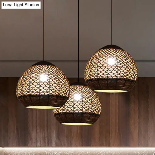 Flaxen Rope Globe Pendant Lamp - Asian Inspired Dining Room Lighting With Hollow-Out Design