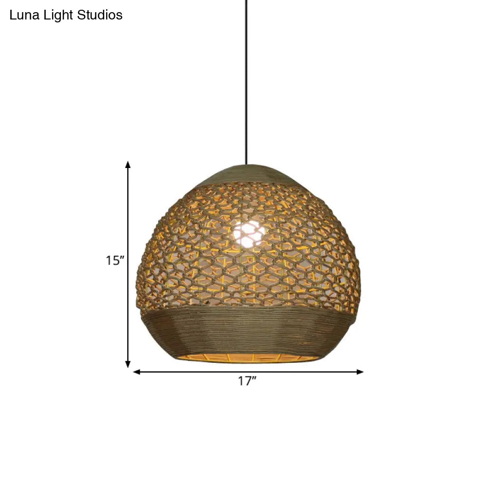 Flaxen Rope Globe Pendant Lamp - Asian Inspired Dining Room Lighting With Hollow-Out Design