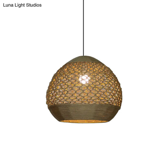 Flaxen Rope Globe Pendant Lamp - Asian Inspired Dining Room Lighting With Hollow-Out Design