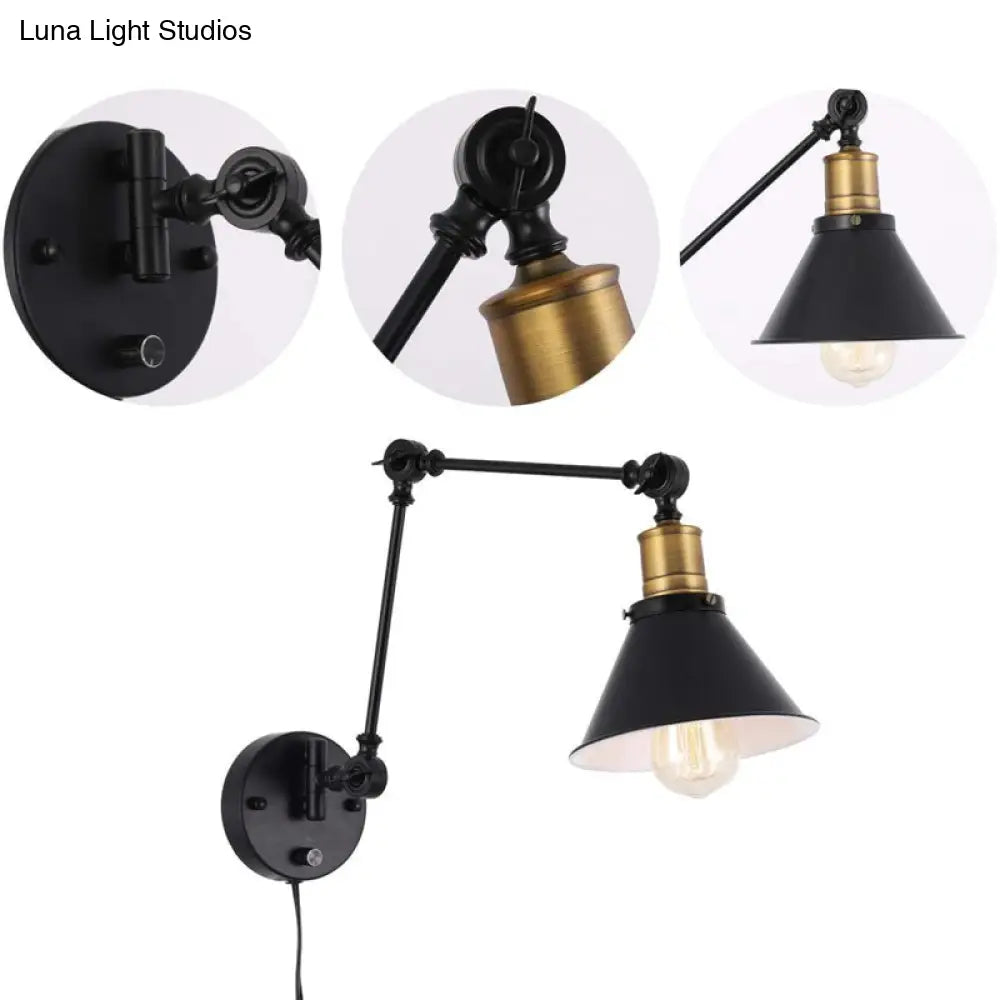 Flexible Swing Arm Wall Mount Lamp With Cone Shade - Industrial Metal Task Light For Home Or Office