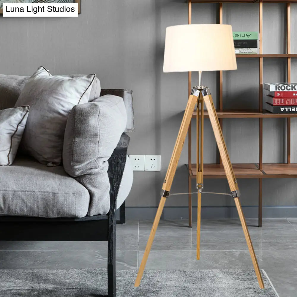 Floor Reading Lamp - Simplicity Single Head Wood Barrel With Tri-Leg Standing Light