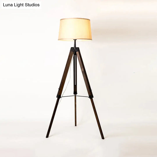 Floor Reading Lamp - Simplicity Single Head Wood Barrel With Tri-Leg Standing Light