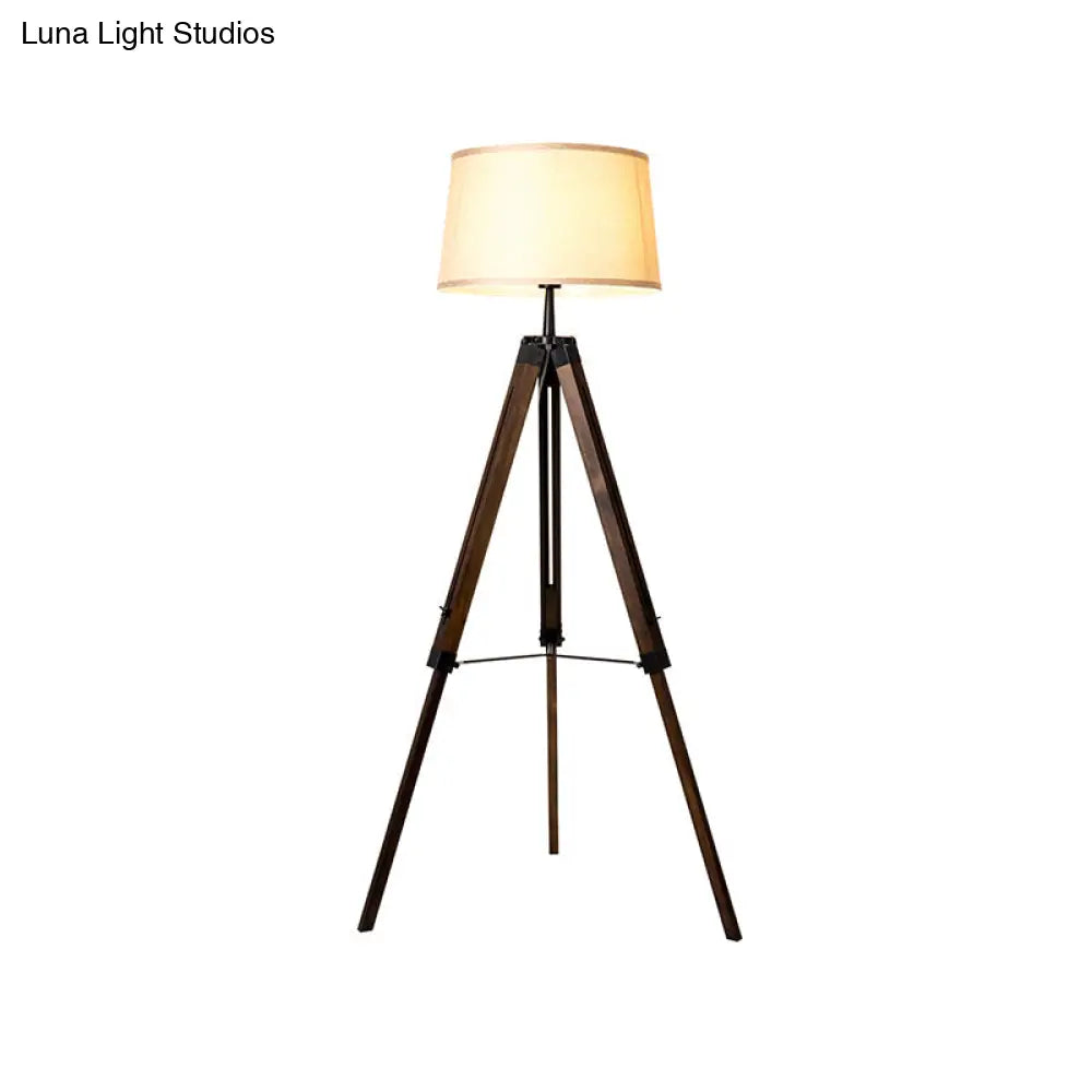 Floor Reading Lamp - Simplicity Single Head Wood Barrel With Tri-Leg Standing Light