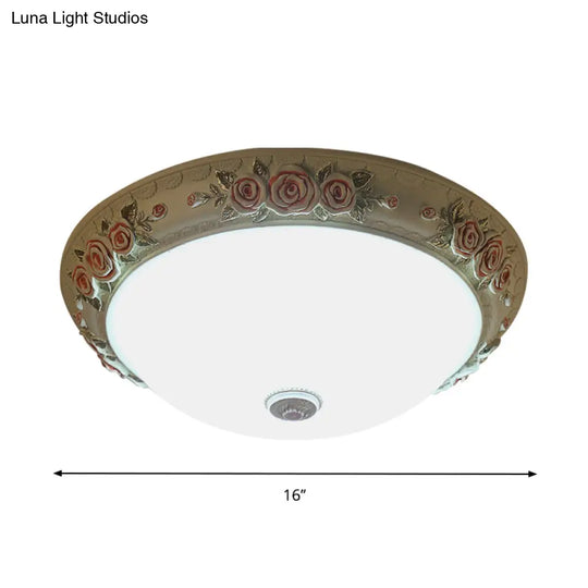 Floral Accent Led Vintage Flush-Mount Ceiling Light Fixture - White Glass 12’/16’/19.5’ Wide