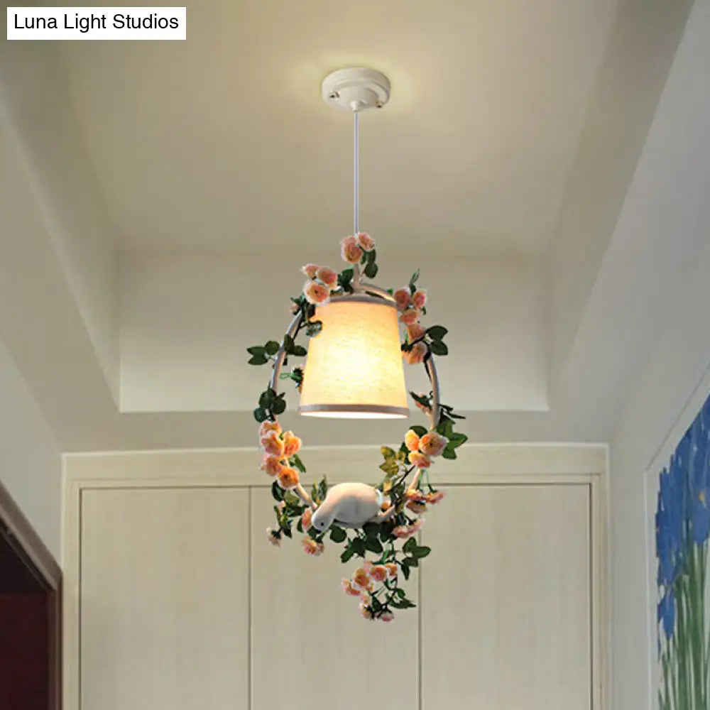 Floral & Bird Design Conic Shade Pendulum Light With Countryside Fabric For Corridor Suspension