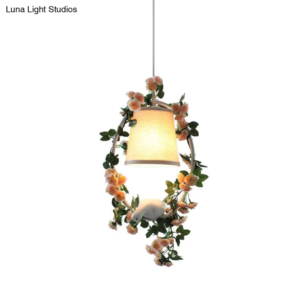 Floral & Bird Design Conic Shade Pendulum Light With Countryside Fabric For Corridor Suspension